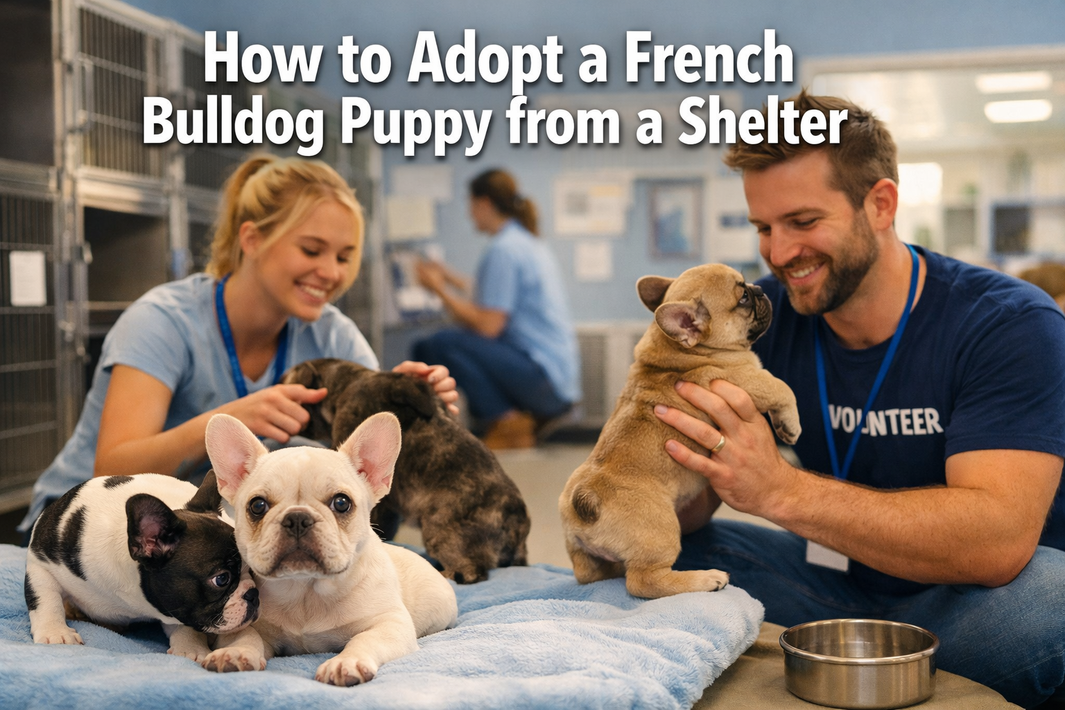 Professional landscape format (1536x1024) hero image with bold text overlay 'How to Adopt a French Bulldog Puppy from a Shelter' in extra la