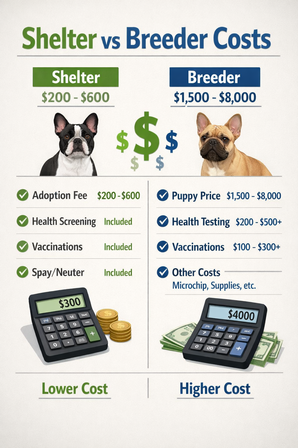 Portrait format (1024x1536) comparison chart showing 'Shelter vs Breeder Costs' with two columns displaying adoption fees ($200-600 from she
