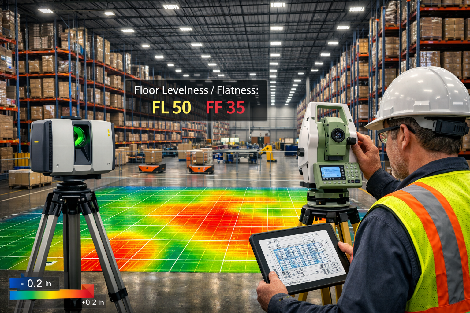 Landscape format (1536x1024) detailed illustration showing professional surveyor using laser scanning equipment and total station inside mas