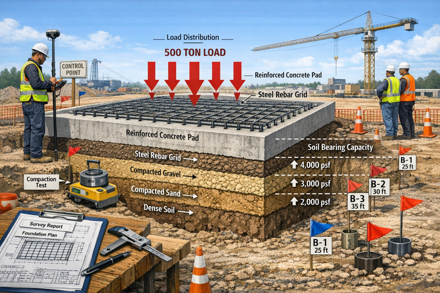 Landscape format (1536x1024) technical diagram showing crane pad foundation layout and structural load analysis for industrial logistics hub