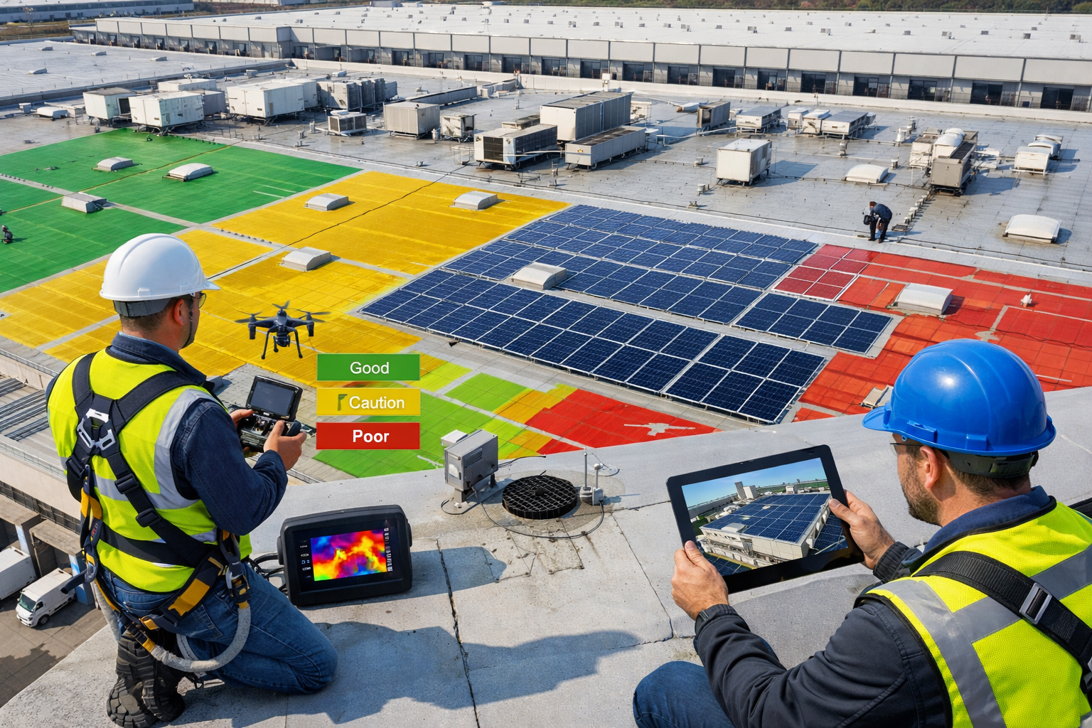 Landscape format (1536x1024) aerial view of hyperscale warehouse rooftop showing solar panel installation readiness assessment, surveyor wit