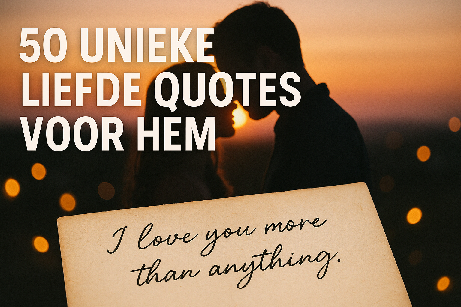 Professional landscape hero image (1536x1024) featuring bold text overlay '50 unieke liefde quotes voor hem' in extra large 72pt white sans-