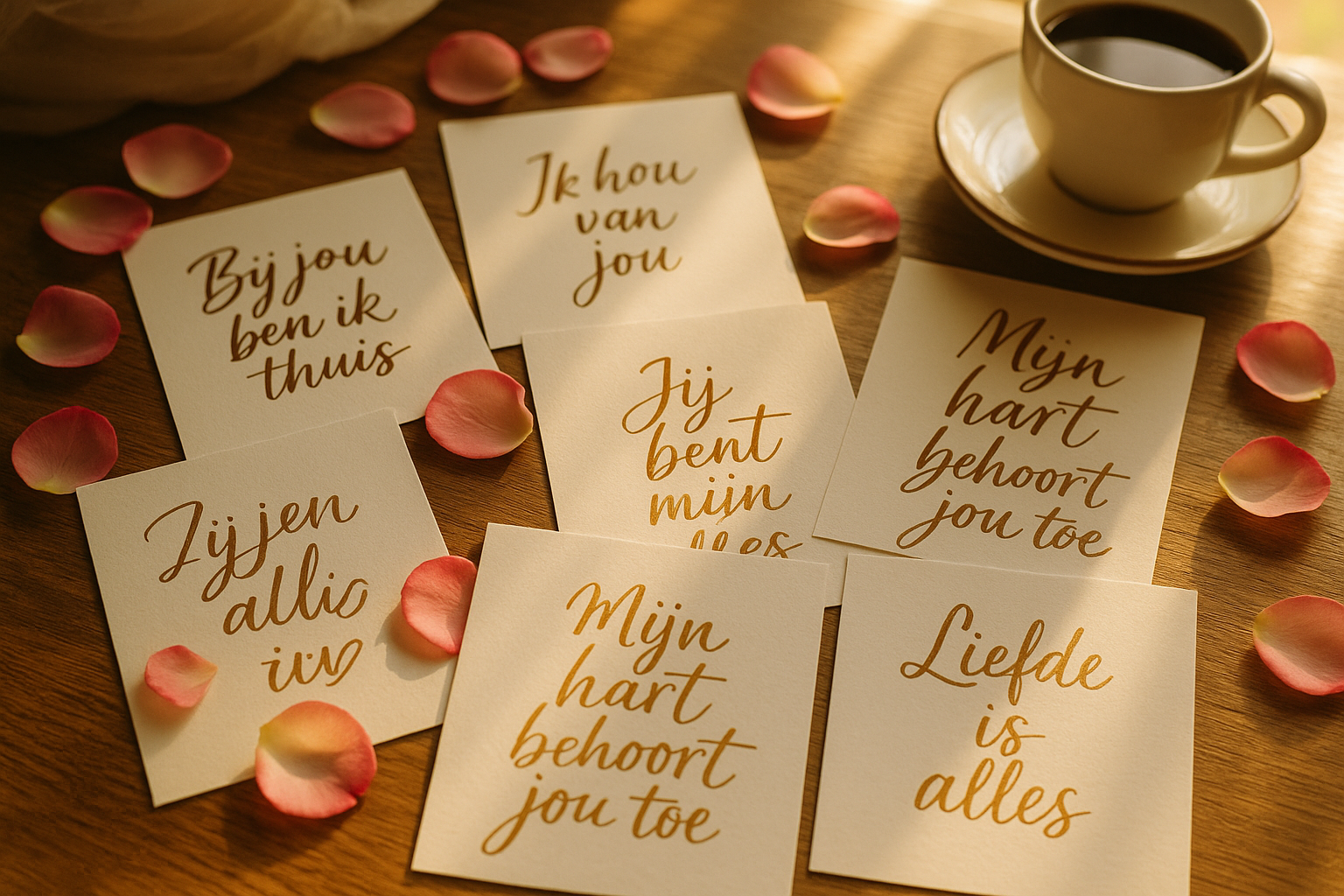 Detailed landscape image (1536x1024) showing collection of short romantic quotes displayed on elegant cards scattered on wooden surface with