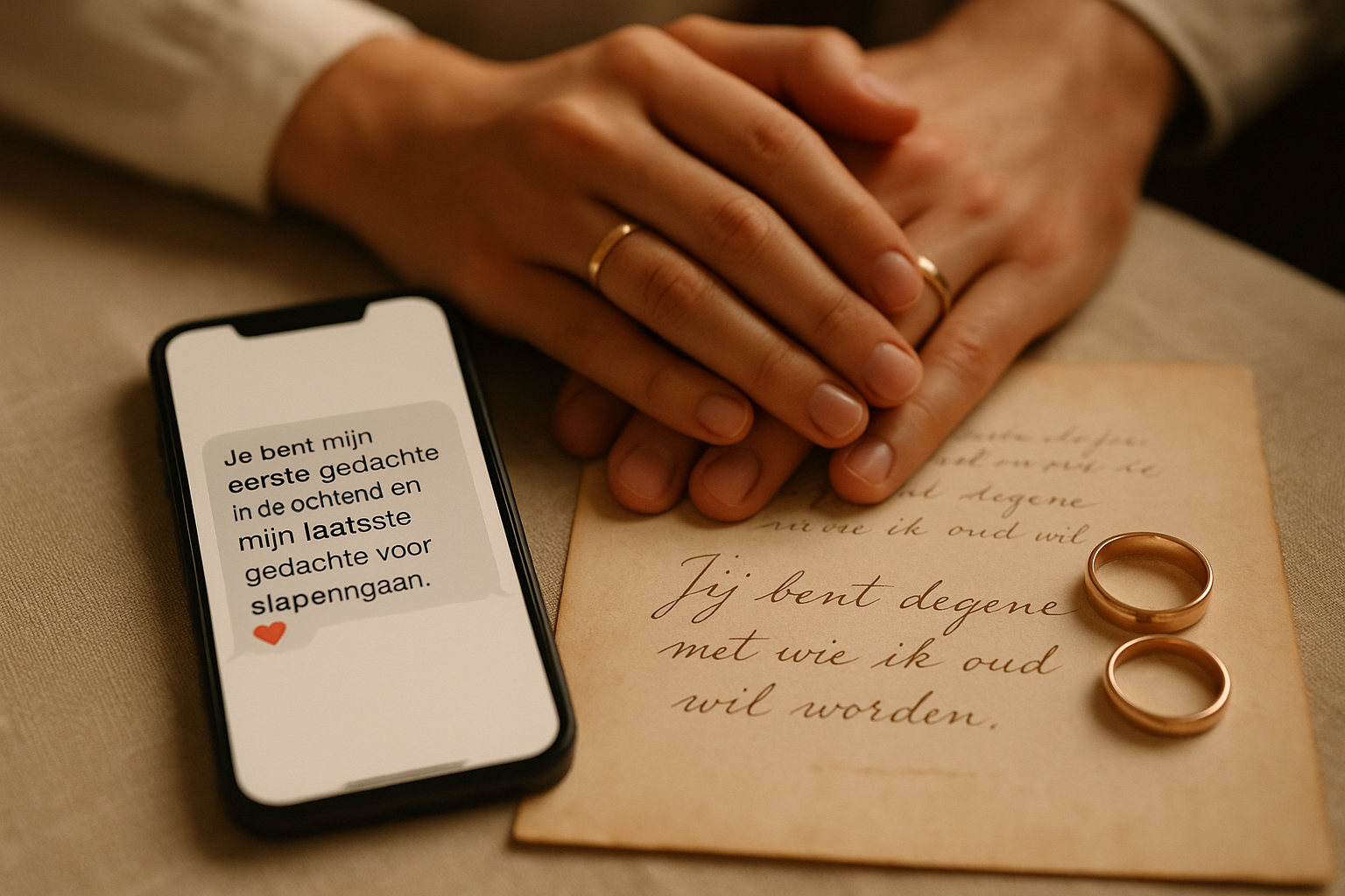 Detailed landscape image (1536x1024) showing personalized love message concept with modern and timeless elements combined. Central compositi