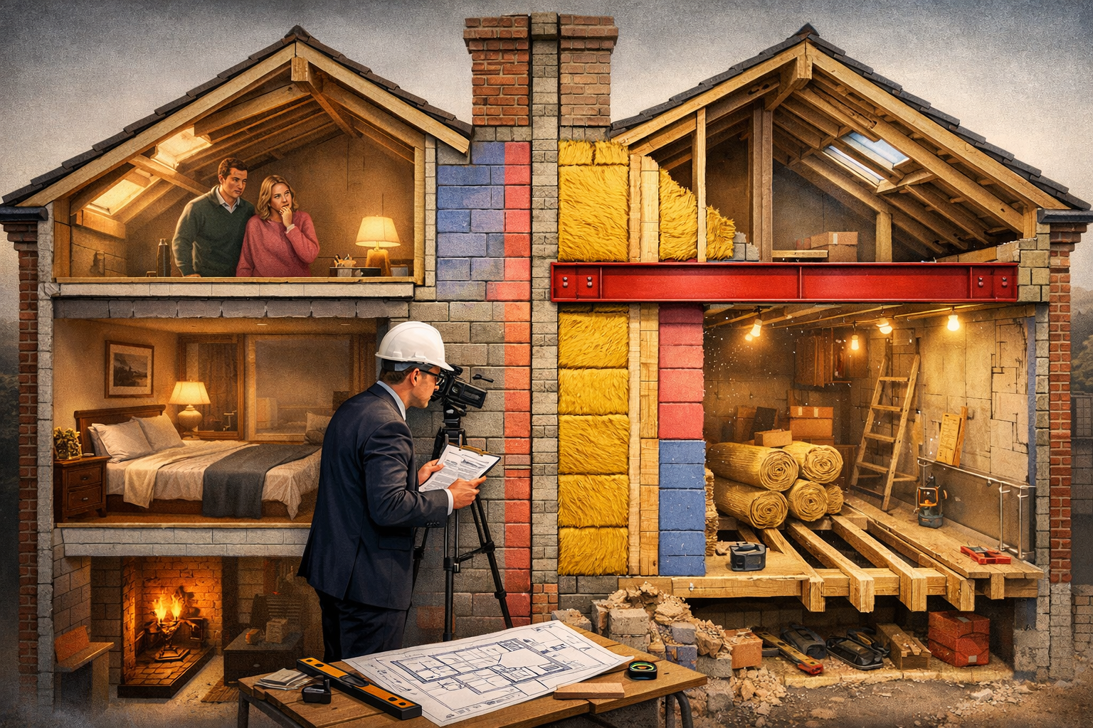 Landscape format (1536x1024) detailed illustration showing a cross-section technical diagram of a typical Northern England terraced house pa