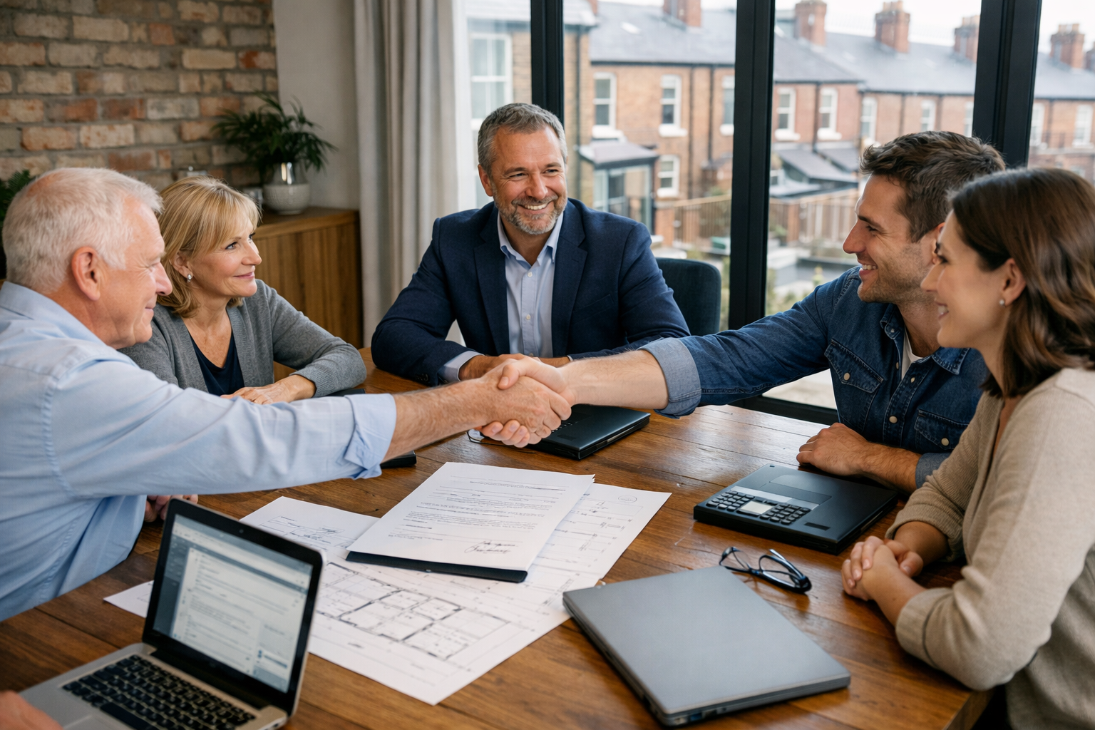 Landscape format (1536x1024) professional photograph of a formal party wall agreement signing meeting in a Northern England property, modern