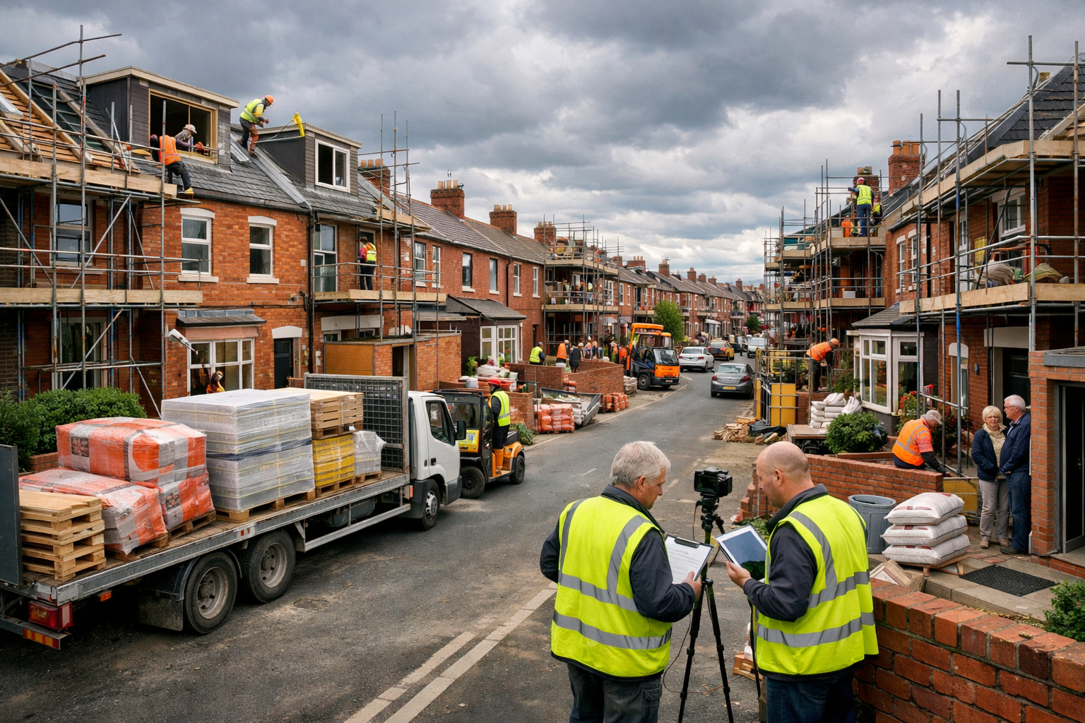 Landscape format (1536x1024) dynamic wide-angle photograph of a bustling Northern England suburban street showing multiple simultaneous cons