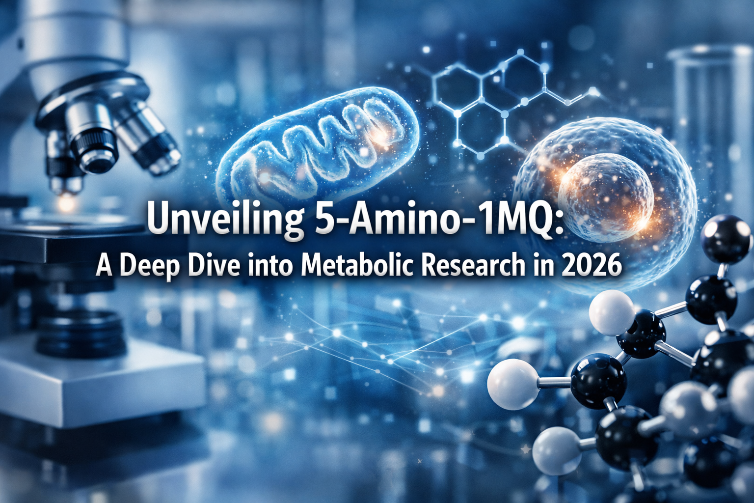 Professional landscape hero image (1536x1024) with bold text overlay: 'Unveiling 5-Amino-1MQ: A Deep Dive into Metabolic Research in 2026', 