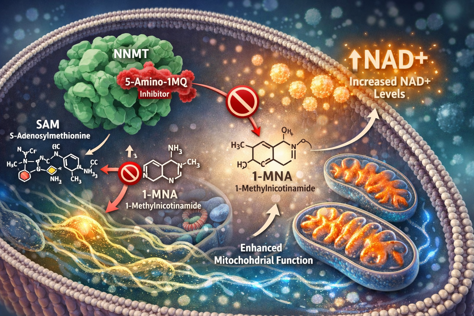 A detailed editorial-quality landscape image (1536x1024) illustrating the intricate mechanism of 5-amino-1mq within a cellular environment. 