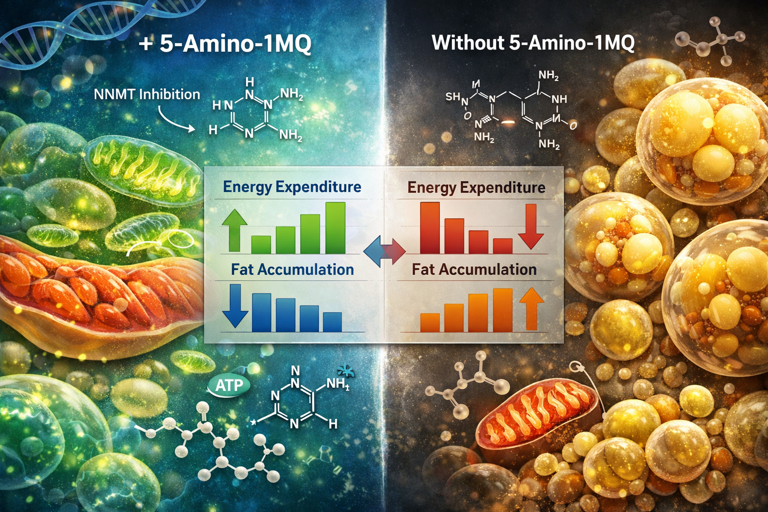 An editorial-quality landscape image (1536x1024) depicting a visual comparison of research outcomes in metabolic health with and without 5-a