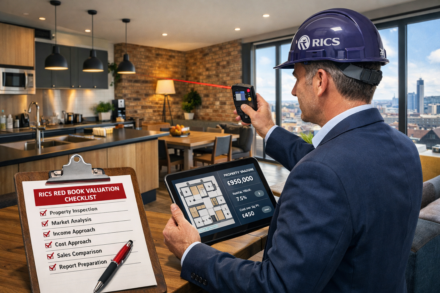 Detailed () illustration showing RICS chartered surveyor in professional attire conducting property valuation inside modern