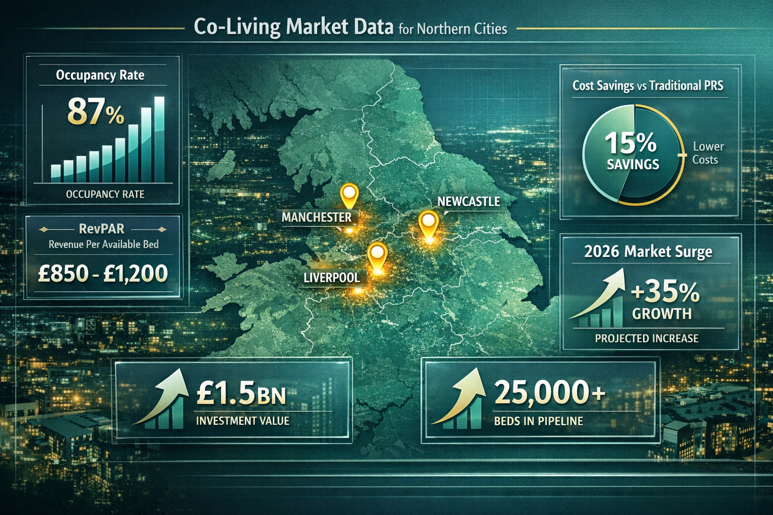 Wide-angle () infographic-style visualization displaying co-living market data for Northern cities including Manchester,
