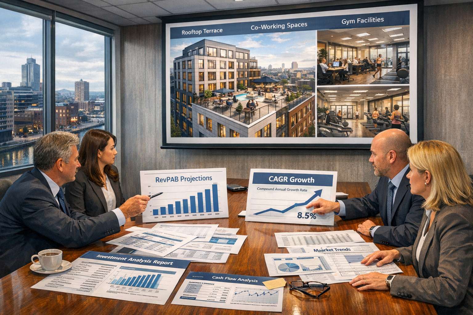 Detailed () scene showing property investment analysis meeting with developers, valuers, and investors reviewing co-living
