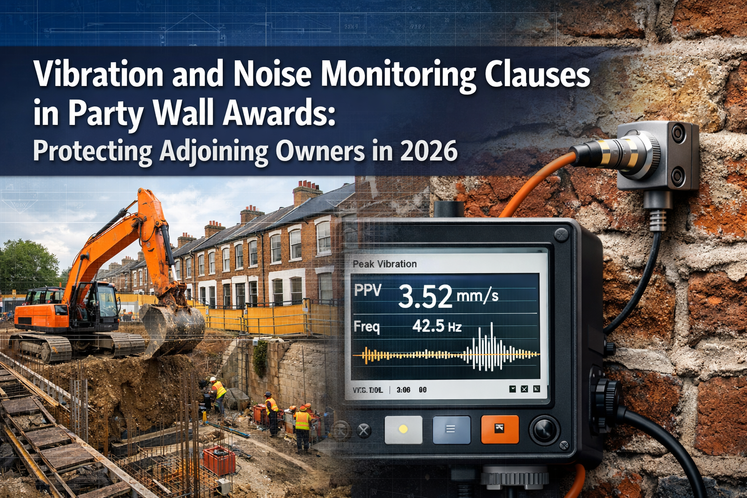 Professional () hero image featuring 'Vibration and Noise Monitoring Clauses in Party Wall Awards: Protecting Adjoining