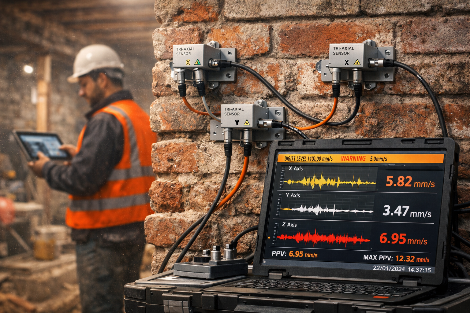 Detailed () image showing close-up of professional vibration monitoring equipment installed on an exposed brick party wall