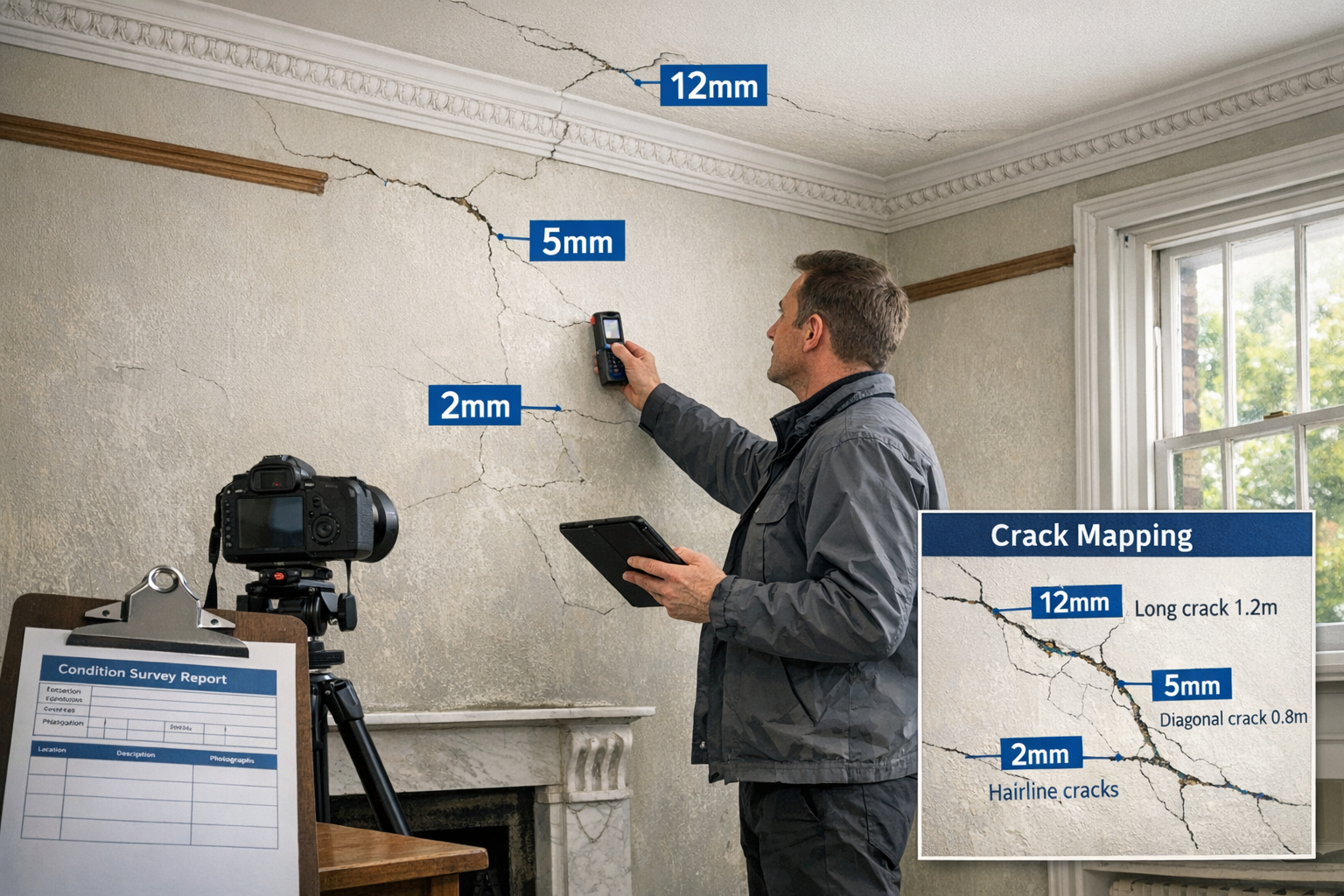 Detailed () image depicting a professional party wall surveyor conducting a pre-construction schedule of condition