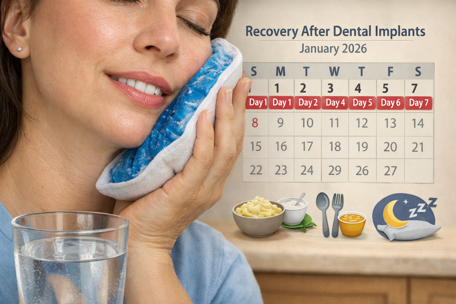 A detailed () image showing a close-up of a patient's mouth gently icing their cheek, with a calendar graphic in the