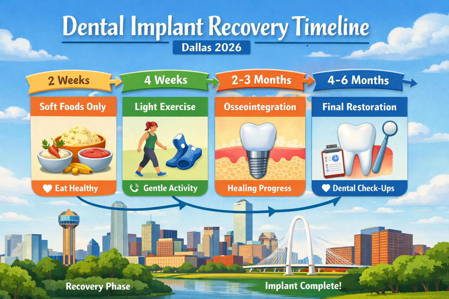 A vibrant () infographic illustrating a typical dental implant recovery timeline from week 2 to 6 months. It features a