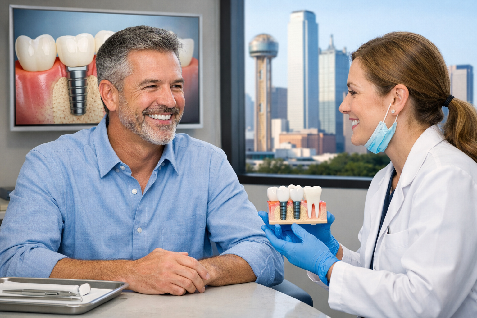 A professional () image depicting a patient consulting with a dentist in a modern Dallas dental office. The patient is shown
