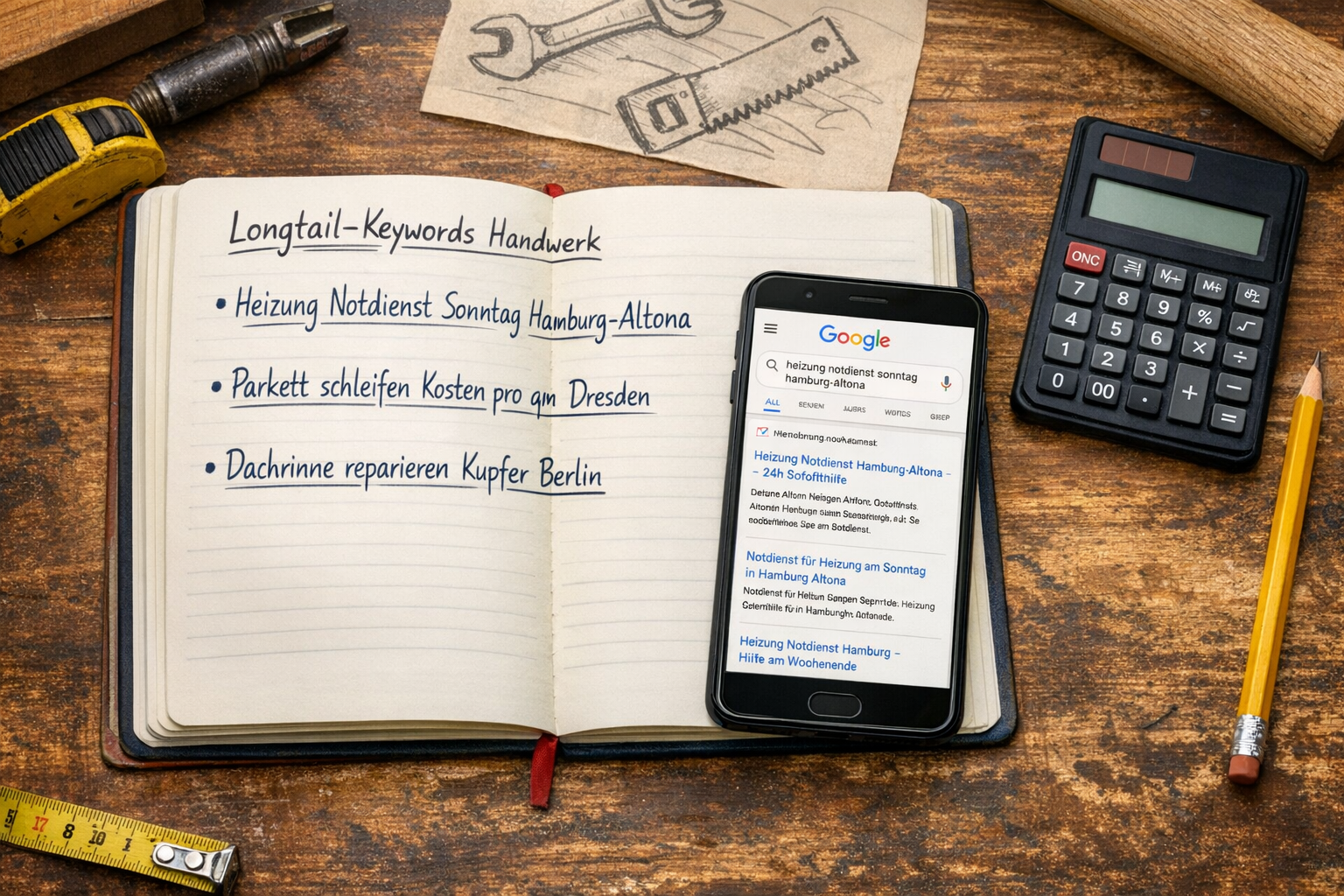 Querformat () zeigt aufgeschlagenes Notizbuch mit handschriftlichen Longtail-Keyword-Beispielen für verschiedene