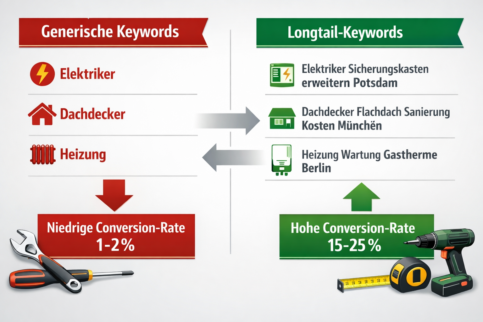 Querformat () illustriert Vergleichs-Infografik mit zwei Spalten: Links 'Generische Keywords' mit Begriffen wie