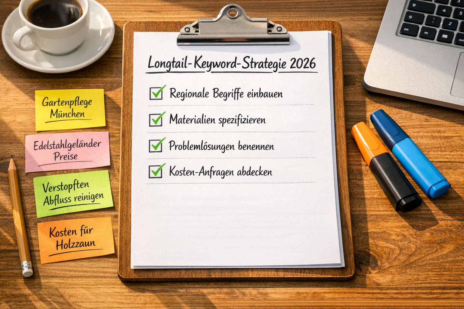 Querformat () präsentiert strukturierte Checkliste auf Klemmbrett mit Titel 'Longtail-Keyword-Strategie 2026' in deutscher