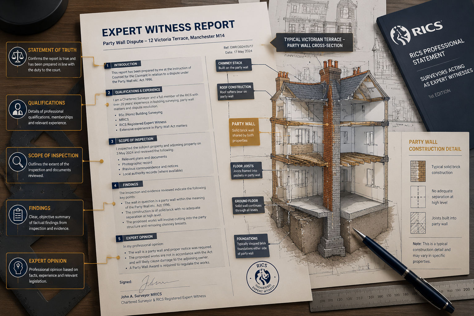 Detailed () infographic-style illustration showing a structured expert witness report template laid flat on a drafting