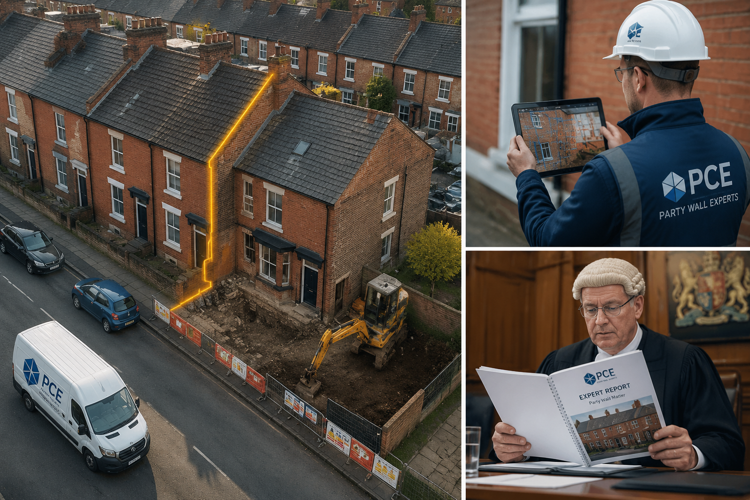 () overhead aerial perspective of a Manchester terraced street with a highlighted party wall boundary line in bright amber,