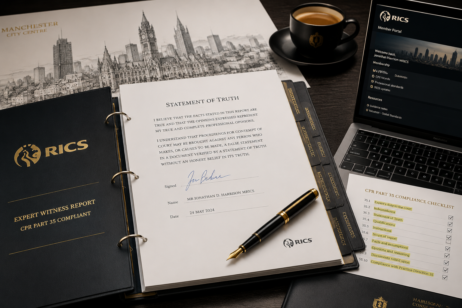 () close-up desk scene showing a formal RICS-compliant expert witness report binder open to a signed Statement of Truth