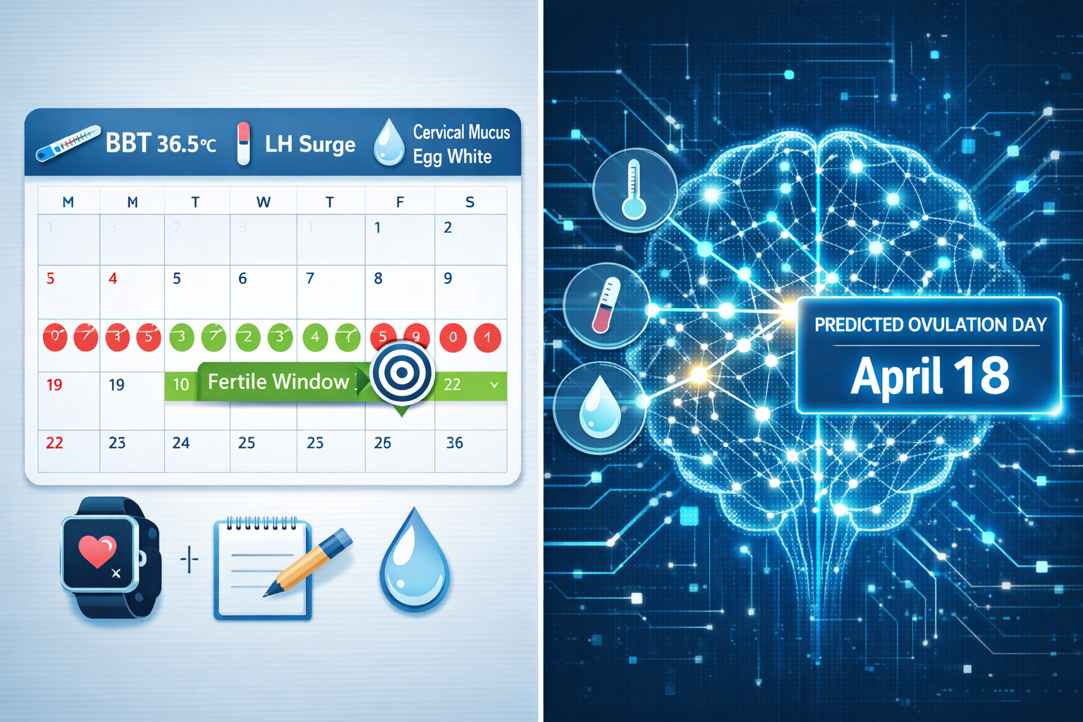 () image illustrating the core functionality of an AI ovulation predictor. The image shows a split screen. On one side, a