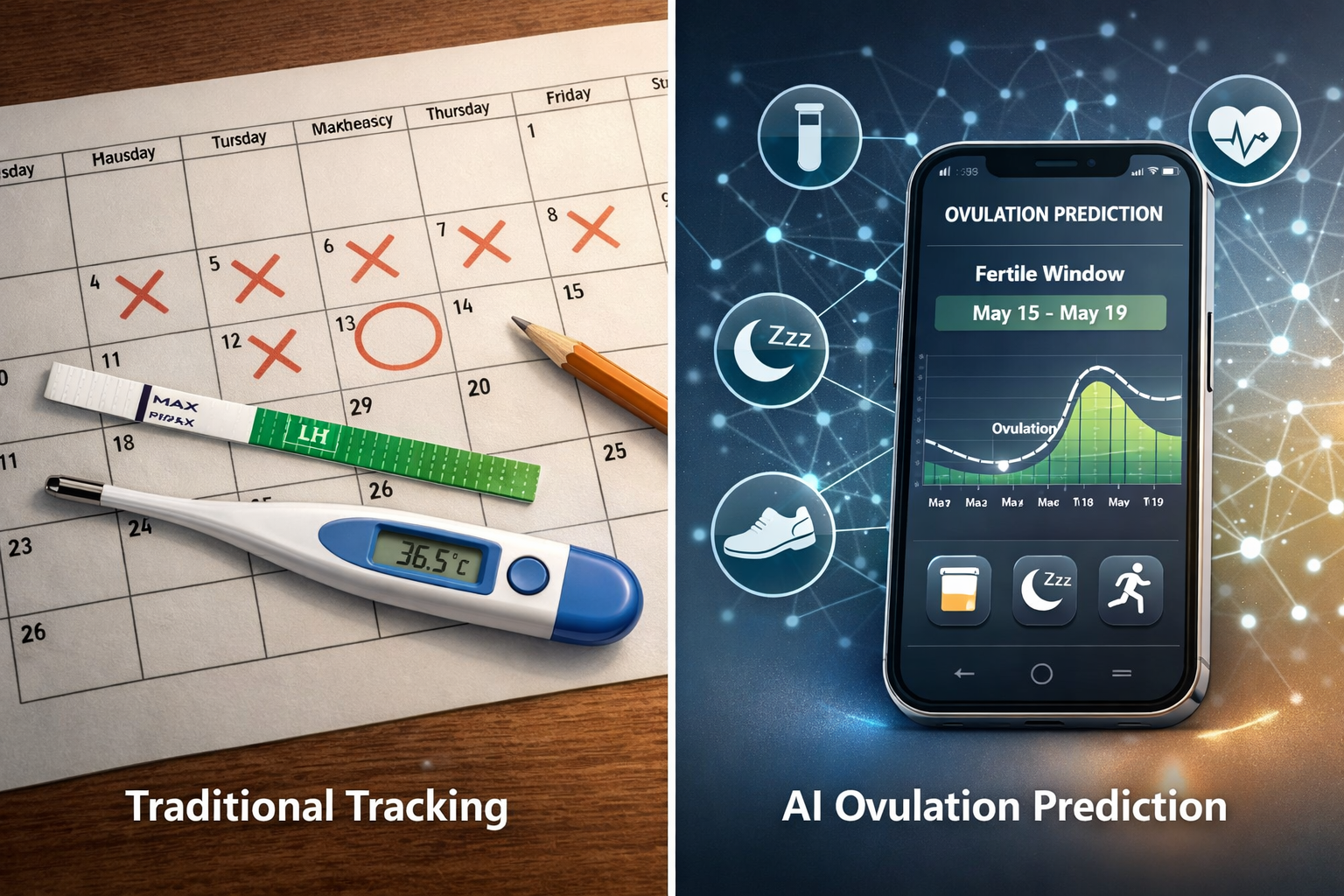 () image showcasing the comparison between traditional ovulation tracking methods and AI-driven prediction. The left half