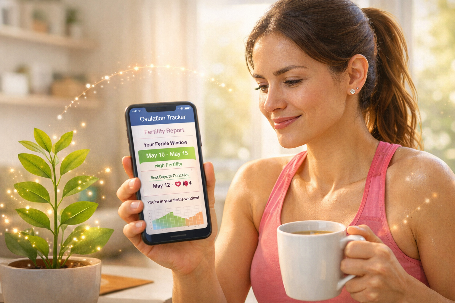 () image depicting a woman confidently engaging with an AI ovulation predictor app on her smartphone, perhaps while enjoying