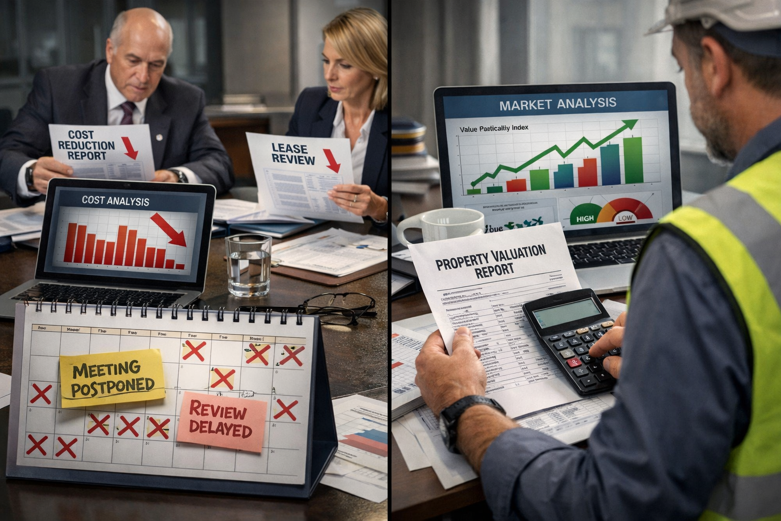 () editorial image showing split-screen composition: left side displays corporate boardroom with executives reviewing cost