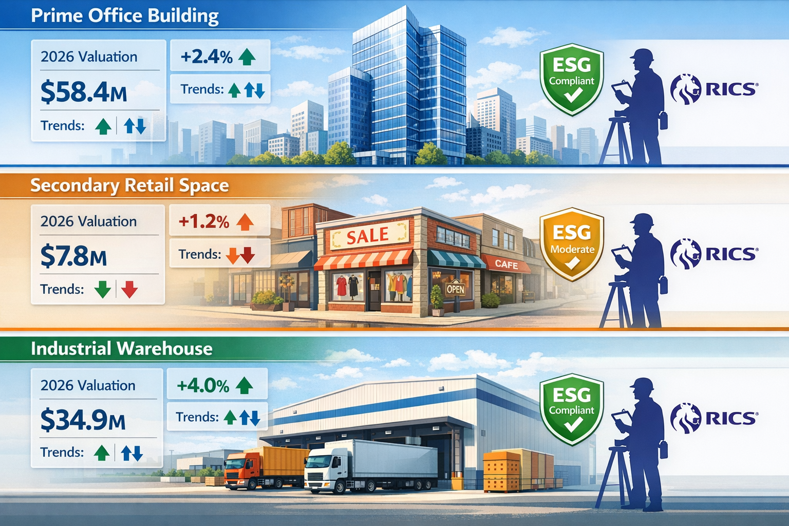 () detailed infographic-style image featuring three distinct property types in horizontal panels: prime office building