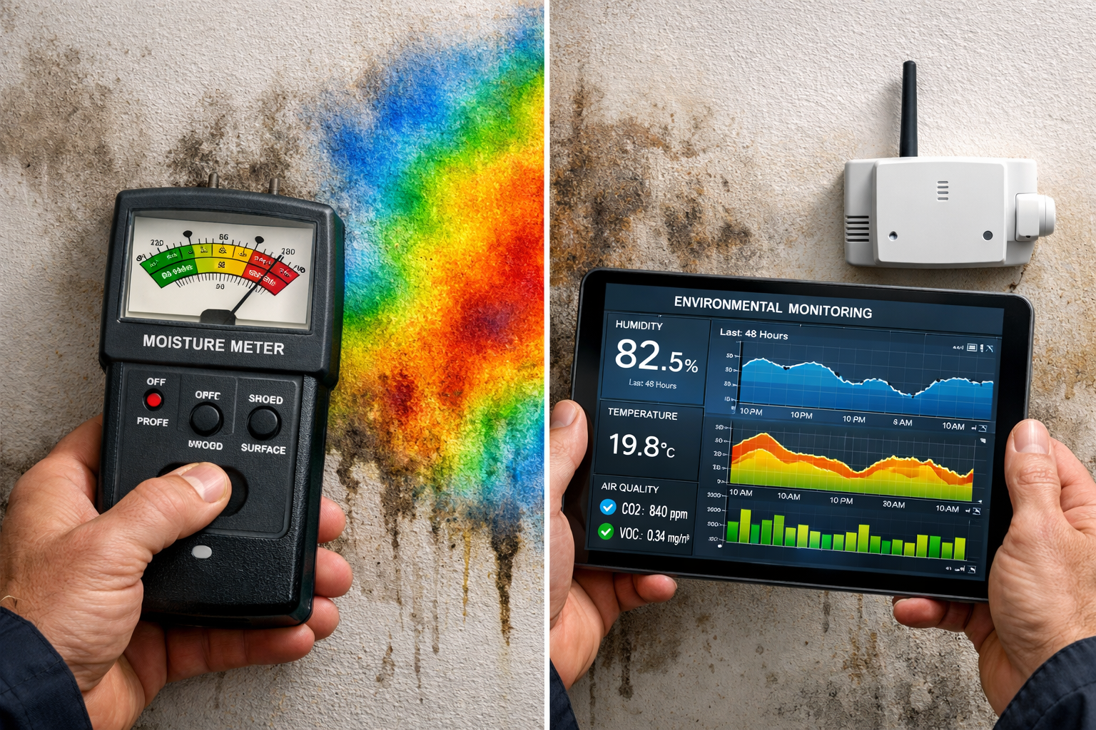 Detailed () image showing close-up split-screen composition of traditional moisture meter on left side versus modern