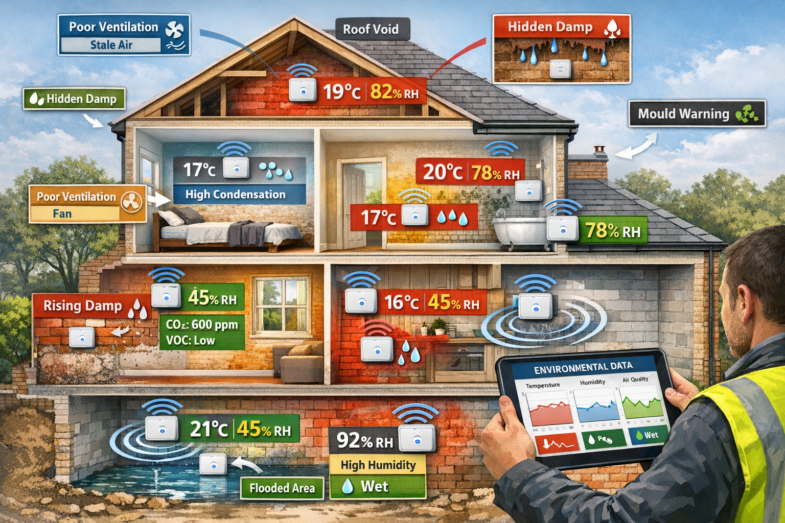 Detailed () infographic-style image displaying cutaway view of two-story period property with multiple wireless