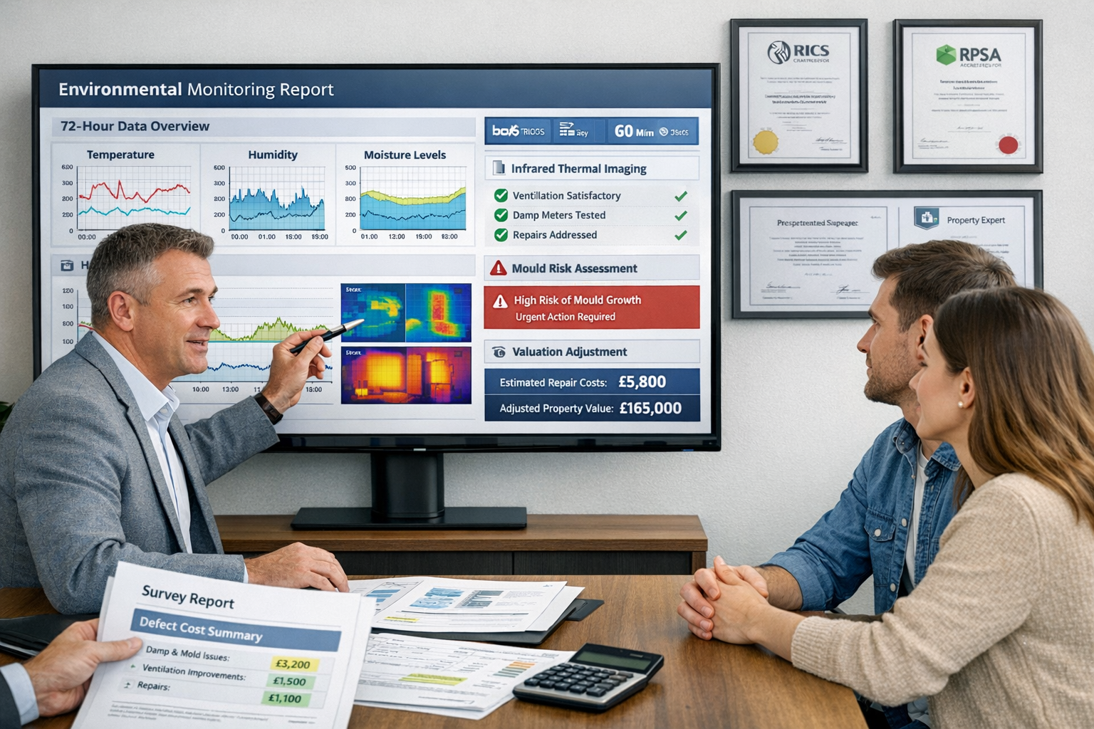 Detailed () image showing professional surveyor presenting comprehensive digital survey report on large monitor screen to