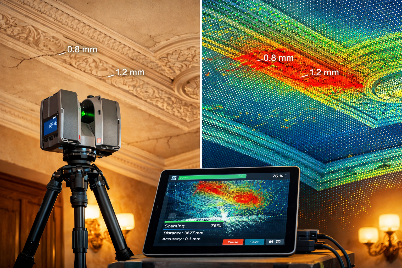 () editorial image showing close-up of professional 3D laser scanner mounted on tripod inside period property interior,