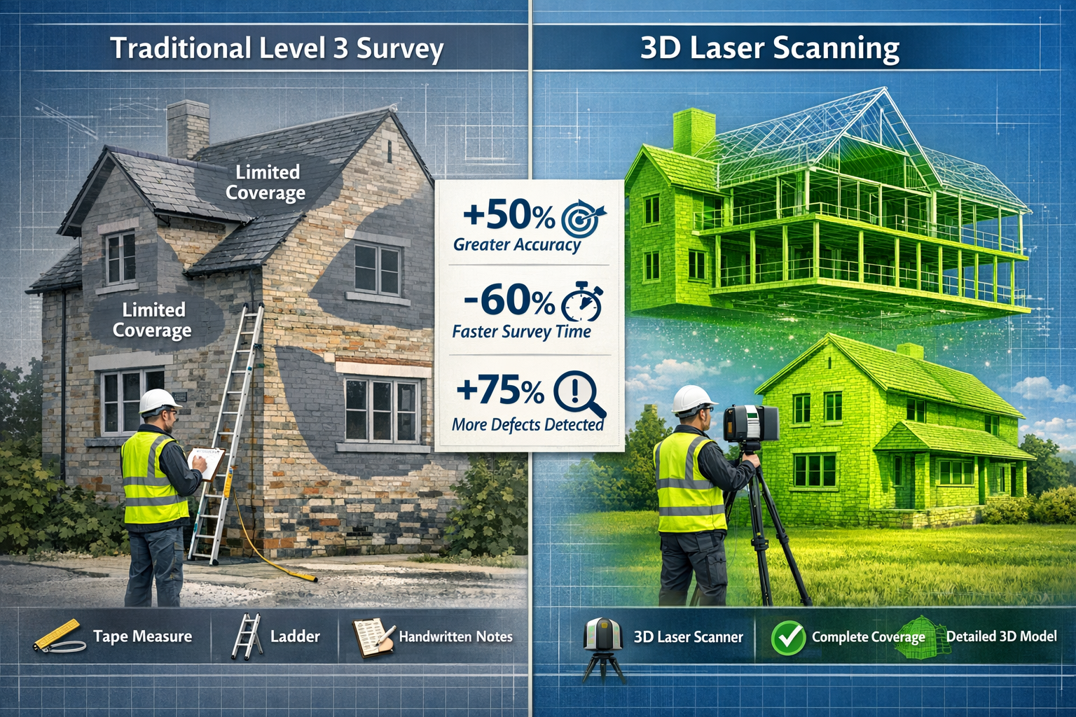 () technical infographic illustration showing side-by-side comparison of traditional Level 3 building survey methodology
