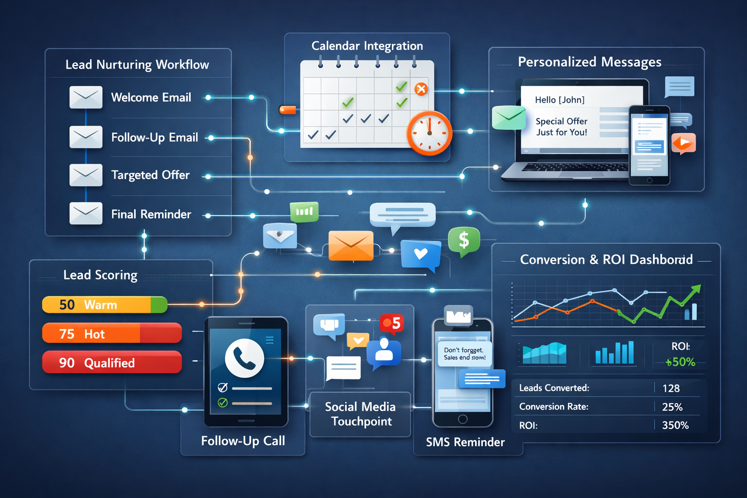 Landscape format (1536x1024) illustration of automated lead nurturing system in action. Shows workflow diagram with email sequences, follow-