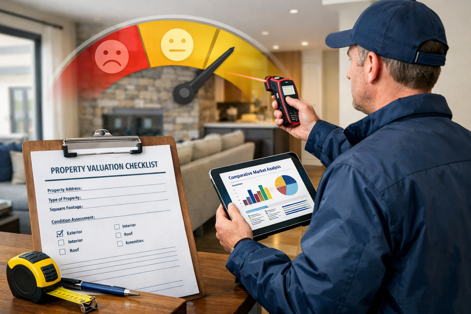 () editorial image showing professional surveyor conducting property assessment in contemporary residential setting. Scene