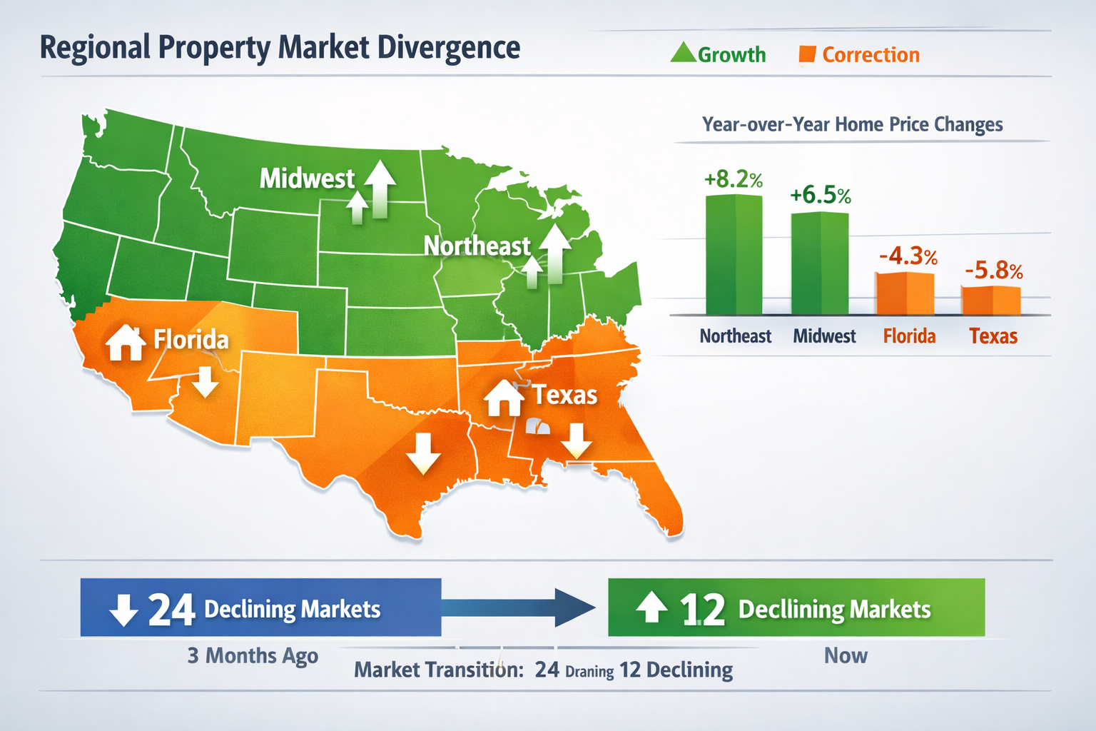 () infographic-style image illustrating regional property market divergence across different metropolitan areas. Visual