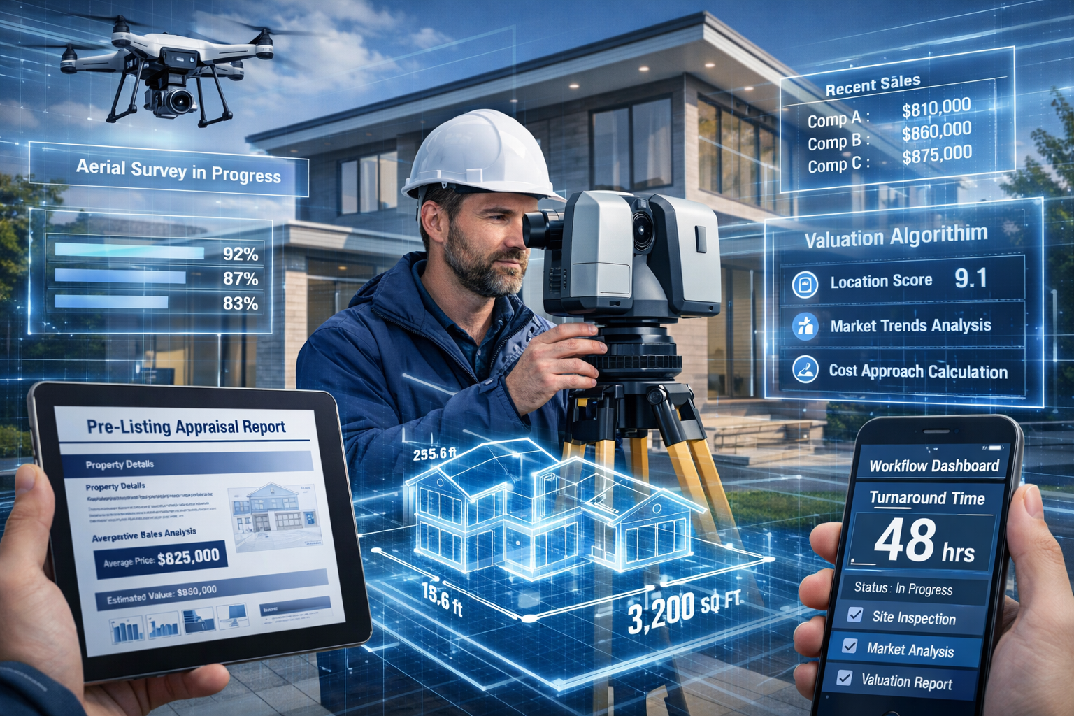 () conceptual image depicting advanced property assessment technology and methodology. Central focus shows modern surveyor