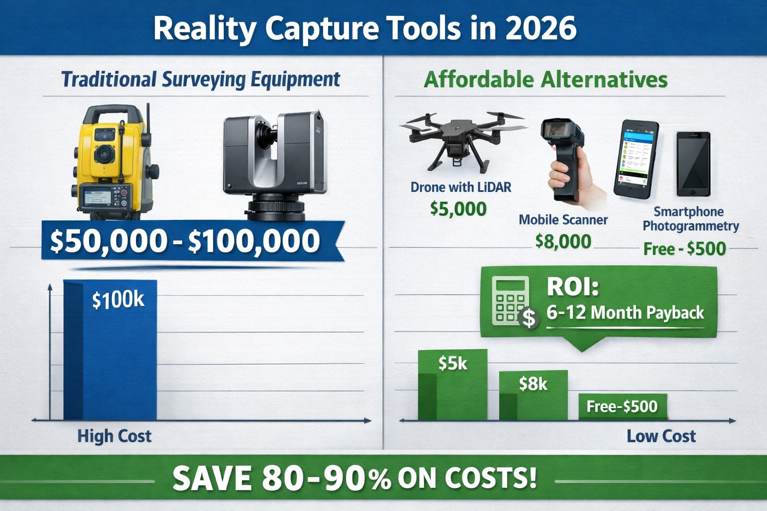 Detailed landscape format (1536x1024) image showing cost comparison infographic for reality capture tools in 2026, split-screen composition 