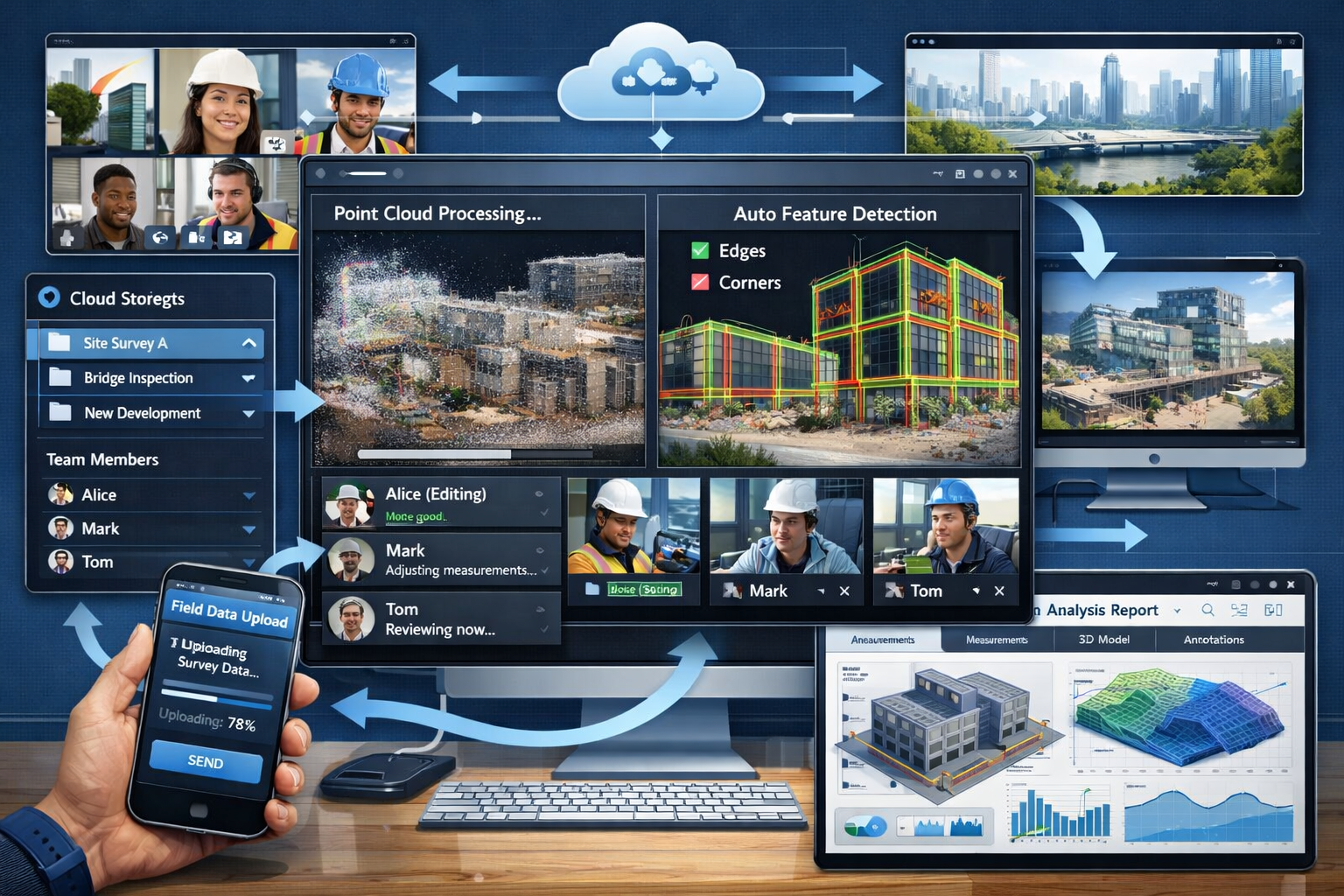Detailed landscape format (1536x1024) visualization of AI-powered cloud collaboration platform interface showing multiple surveying professi