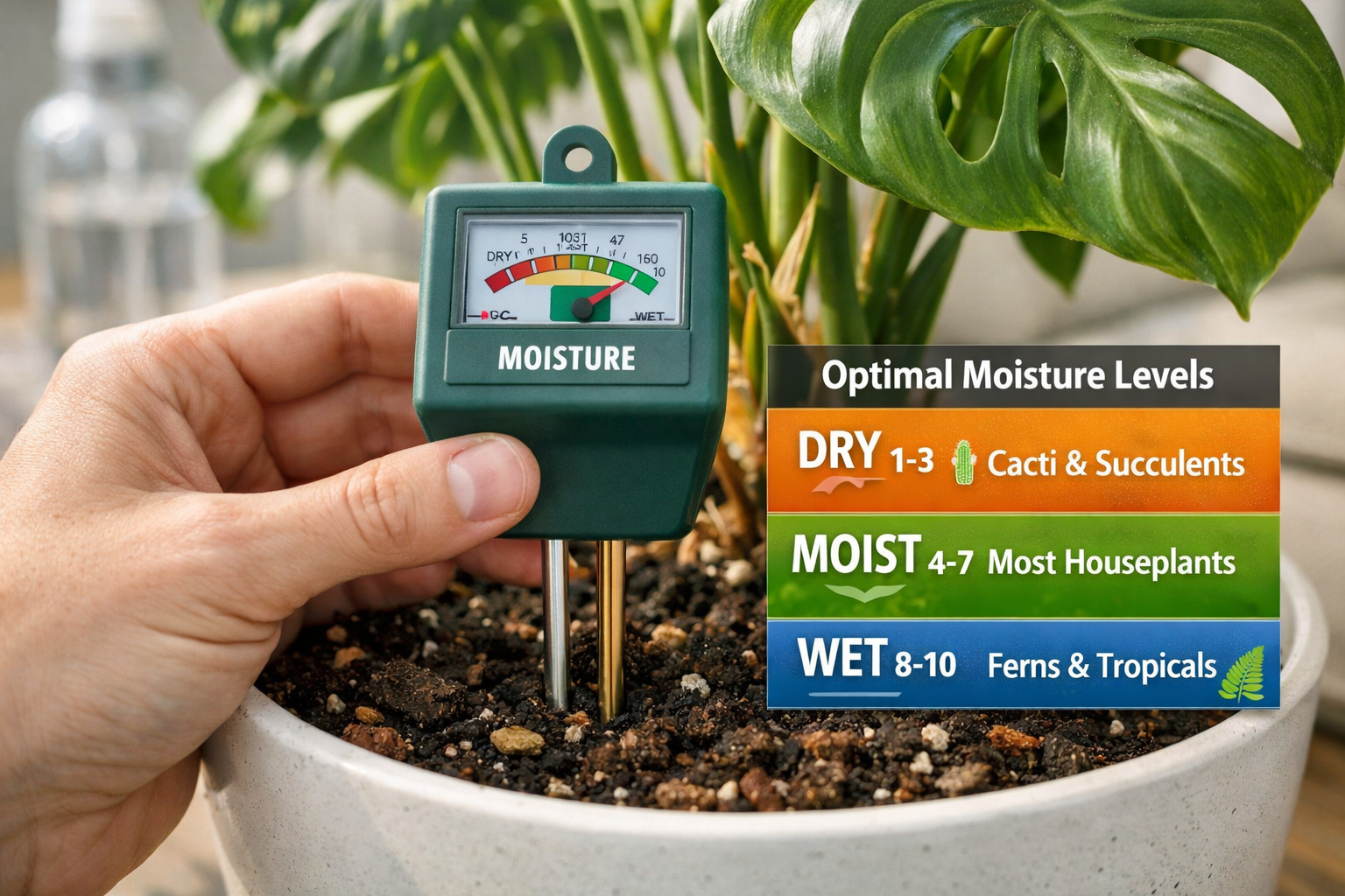 Detailed () image showing a close-up of a hand inserting a moisture meter into the soil of a potted Monstera deliciosa. The