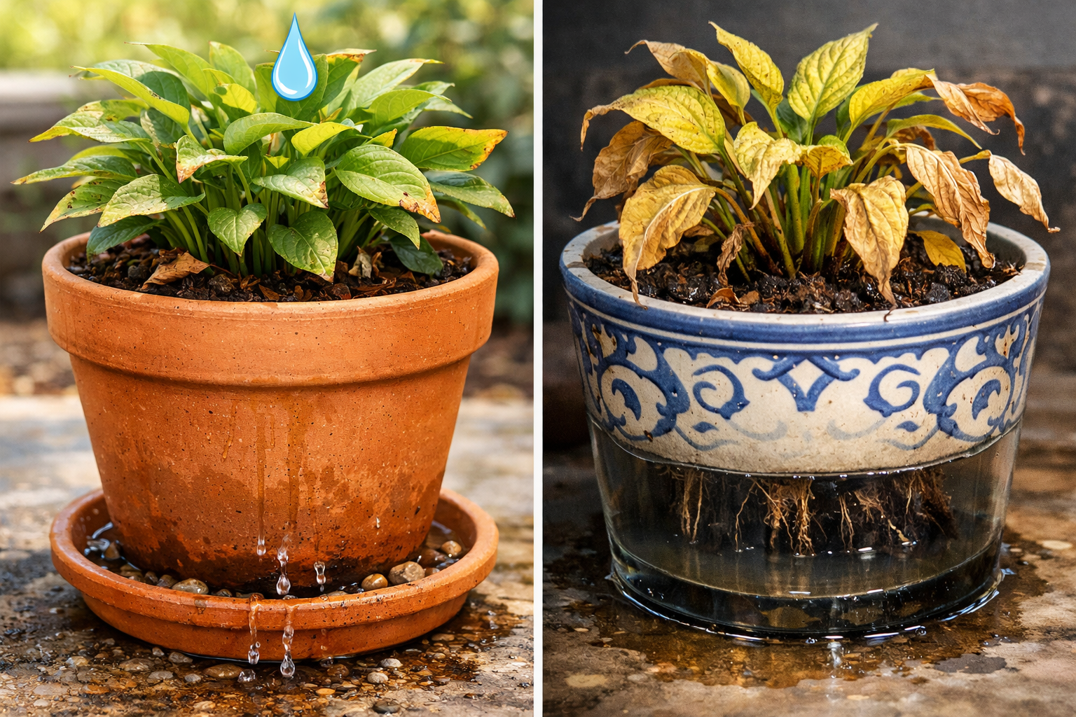 Detailed () image depicting two contrasting pots side-by-side. On the left, a terra cotta pot with a healthy, slightly