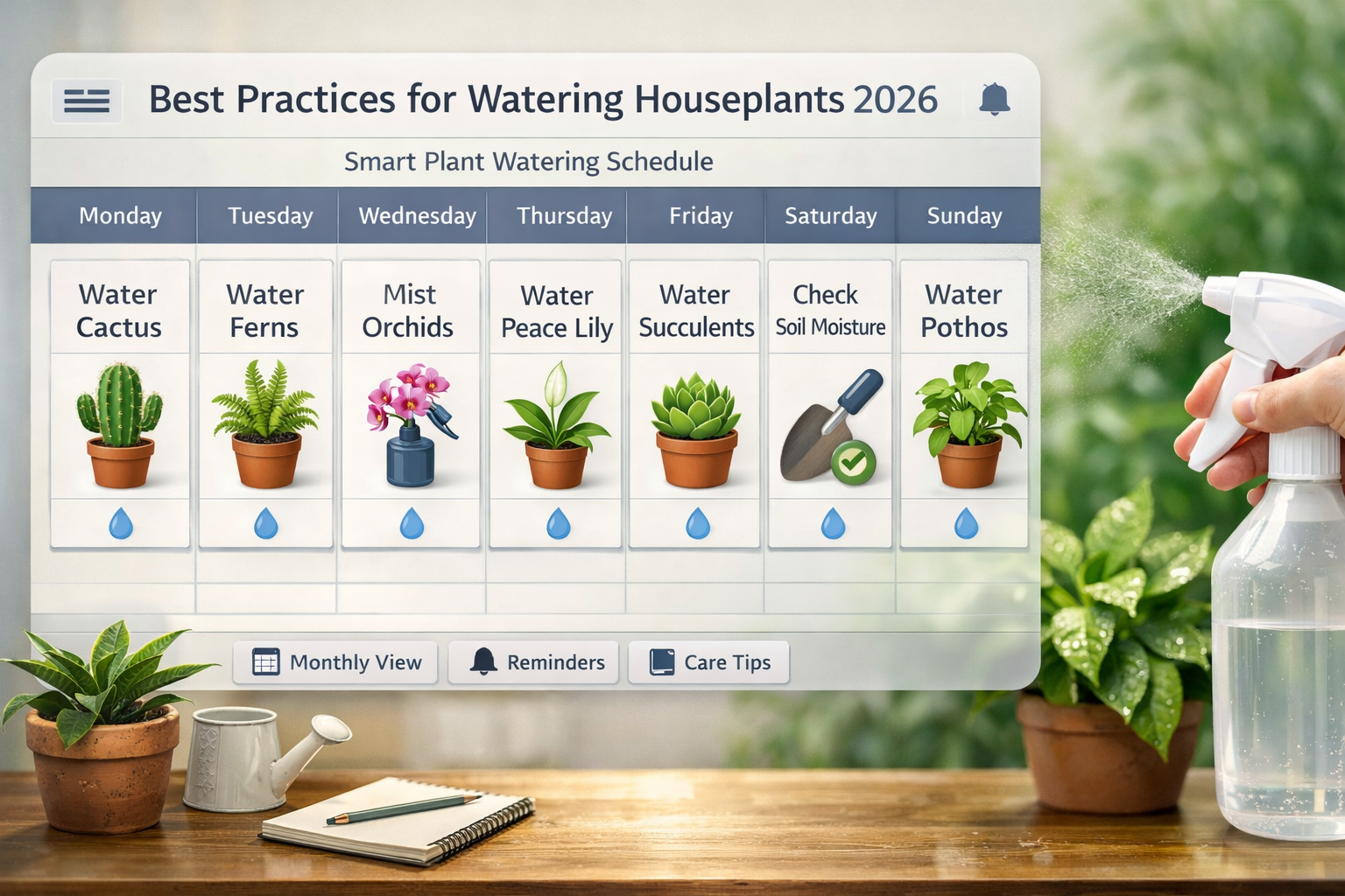 Detailed () image showing a calendar or digital schedule interface focused on plant watering reminders. Different plant