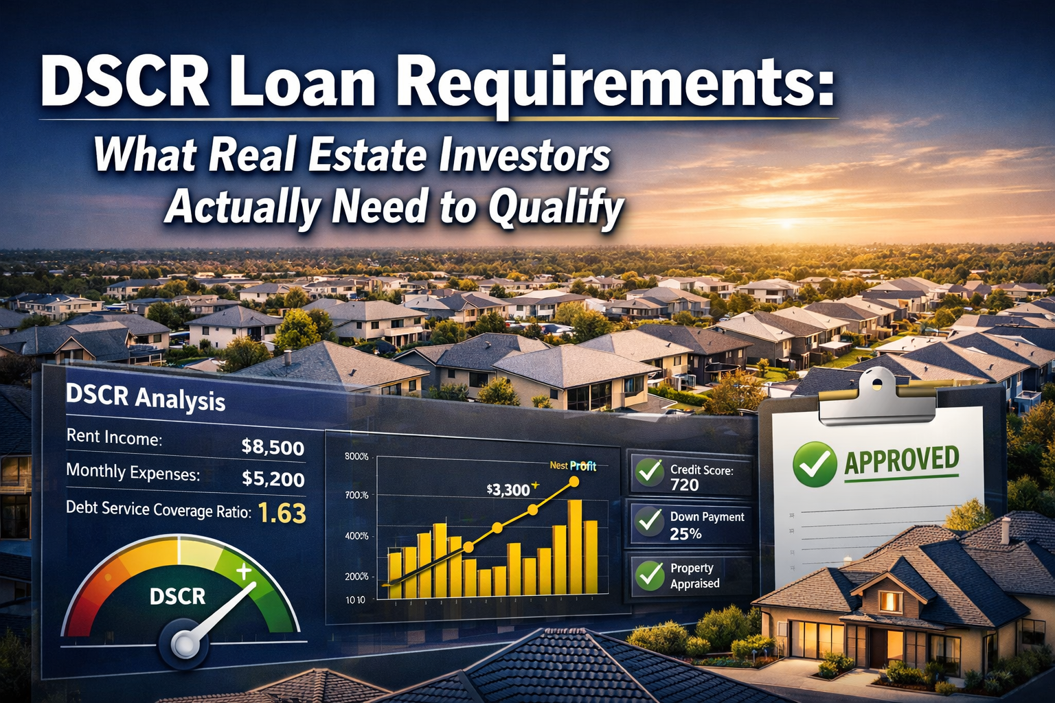 Professional () hero image with : 'DSCR Loan Requirements: What Real Estate Investors Actually Need to Qualify' in extra