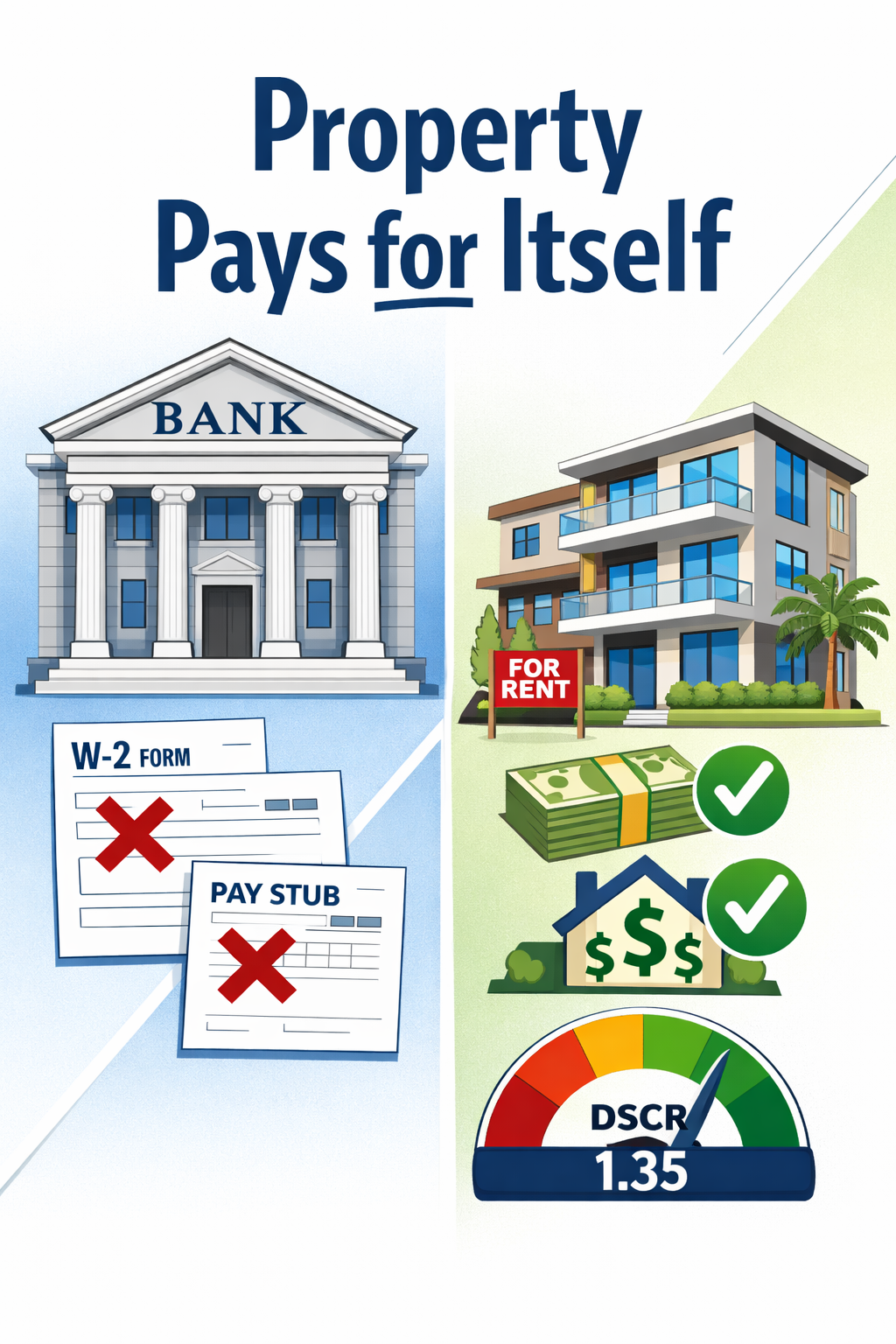 Portrait/Pinterest format () editorial illustration showing a split-screen concept: left side displays a traditional bank